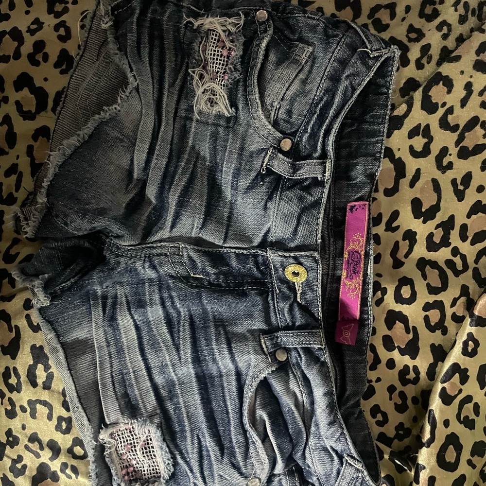 Celebrity Pink Distressed Washed Blue Denim Shorts with Pink Label